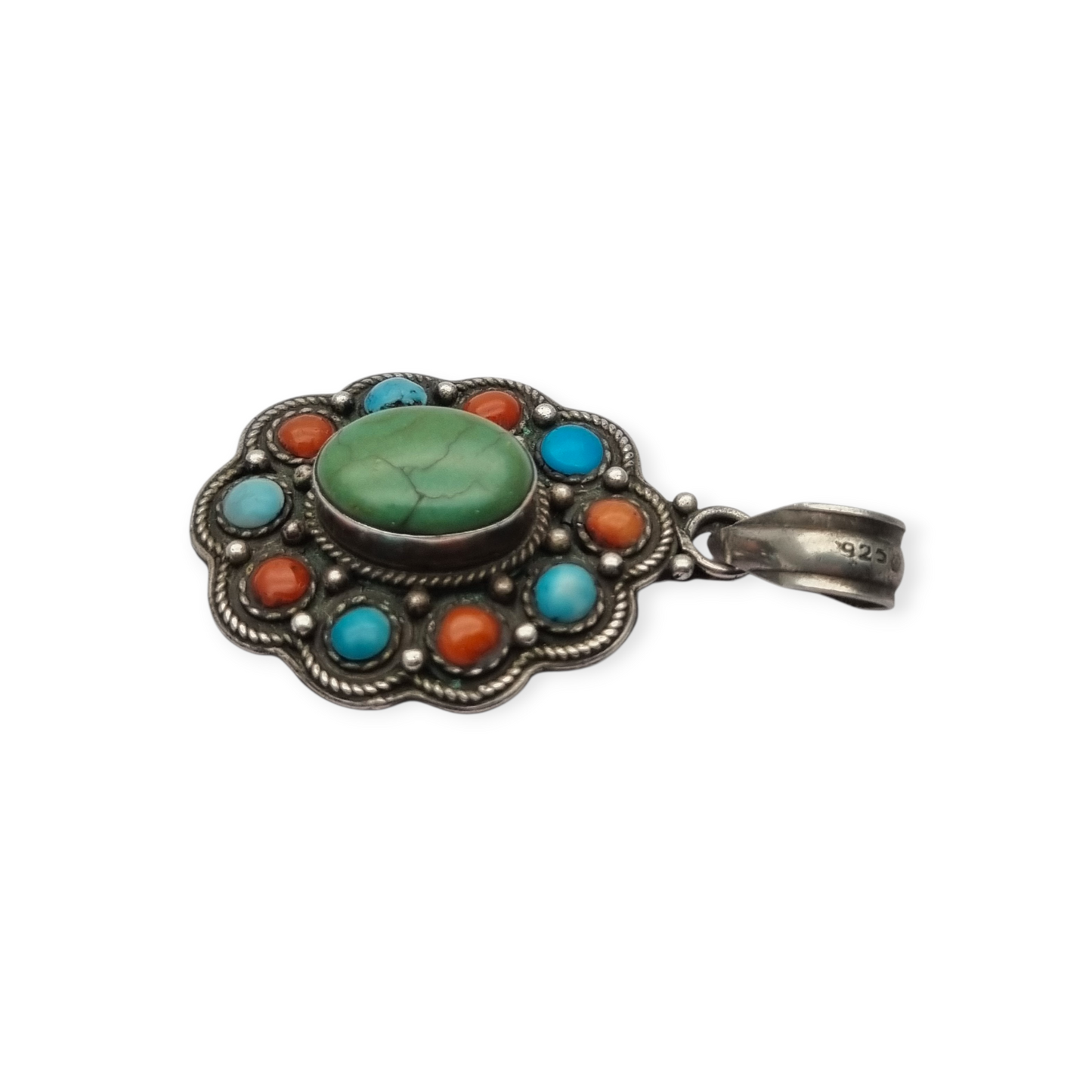 Colgante boho étnico en plata 925 con piedras de colores circa 1970