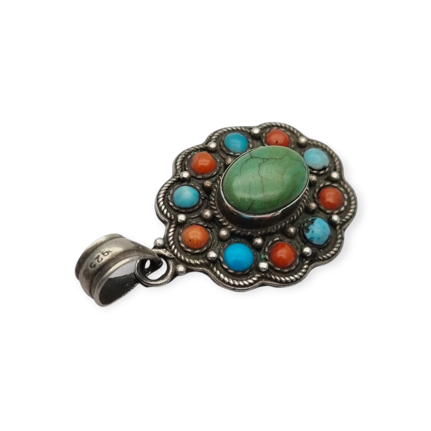 Colgante boho étnico en plata 925 con piedras de colores circa 1970