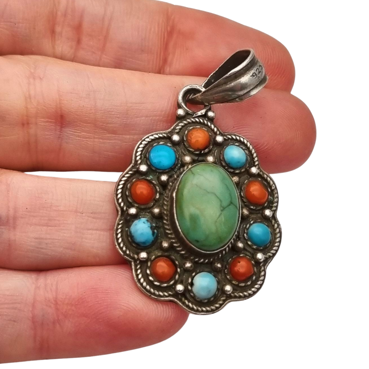 Colgante boho étnico en plata 925 con piedras de colores circa 1970