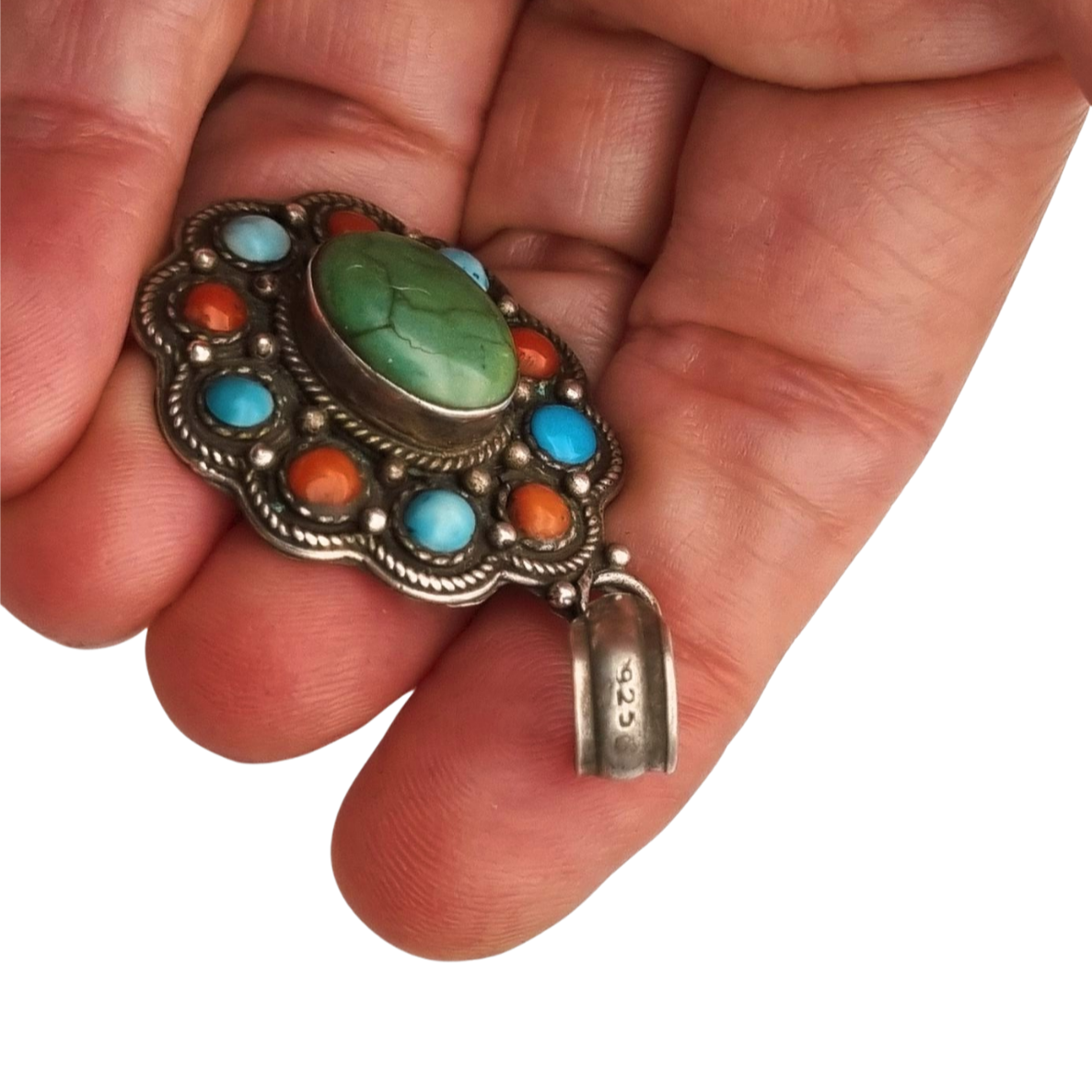 Colgante boho étnico en plata 925 con piedras de colores circa 1970