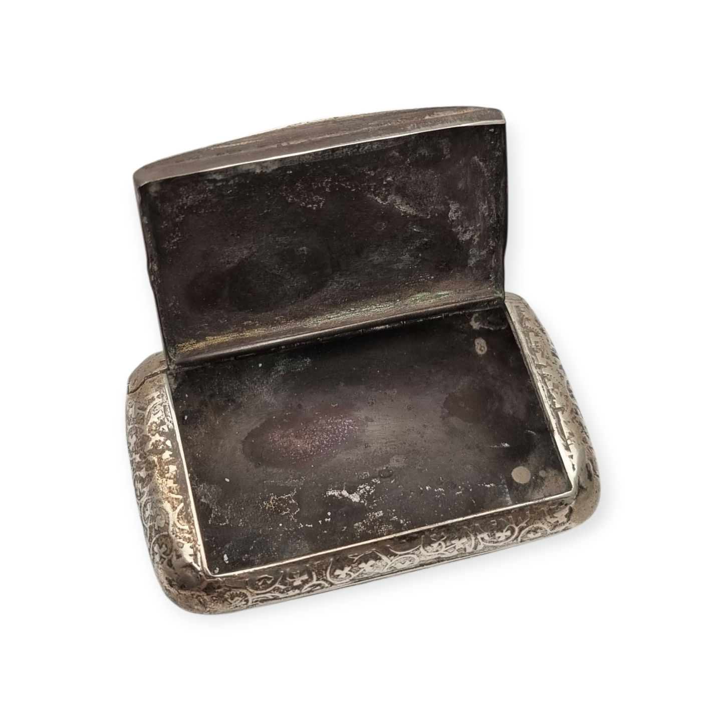 Caja de rapé antigua de plata francesa con decoración grabada, circa 1900