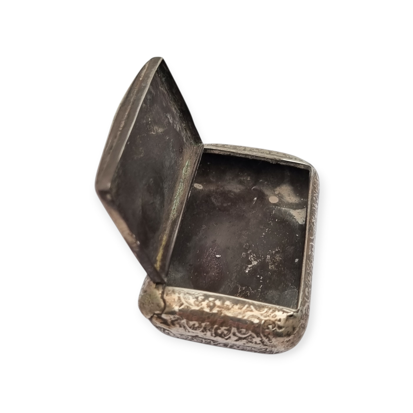 Caja de rapé antigua de plata francesa con decoración grabada, circa 1900