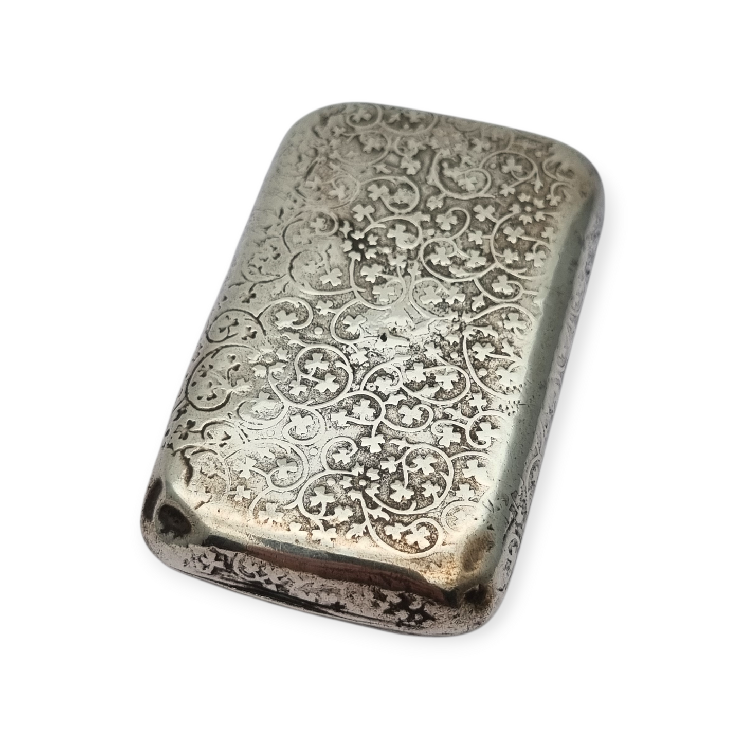 Caja de rapé antigua de plata francesa con decoración grabada, circa 1900
