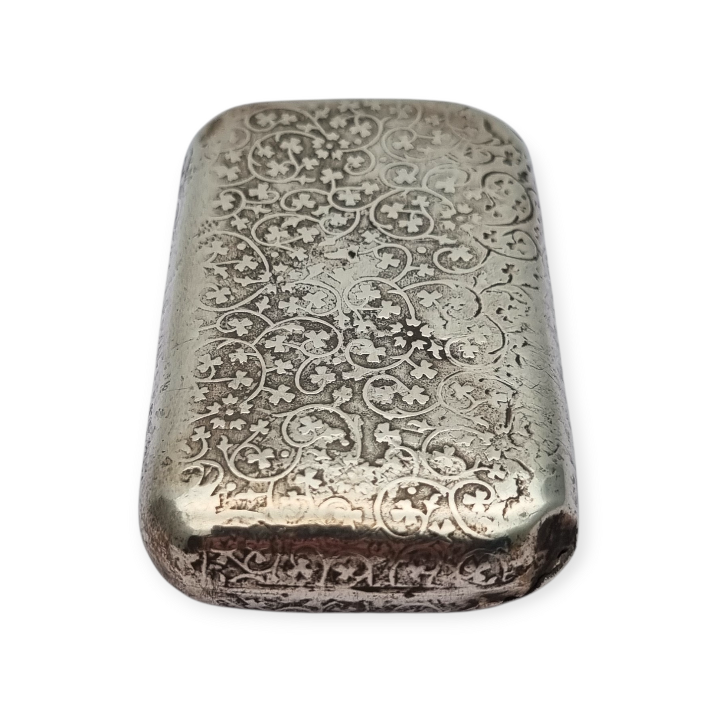 Caja de rapé antigua de plata francesa con decoración grabada, circa 1900