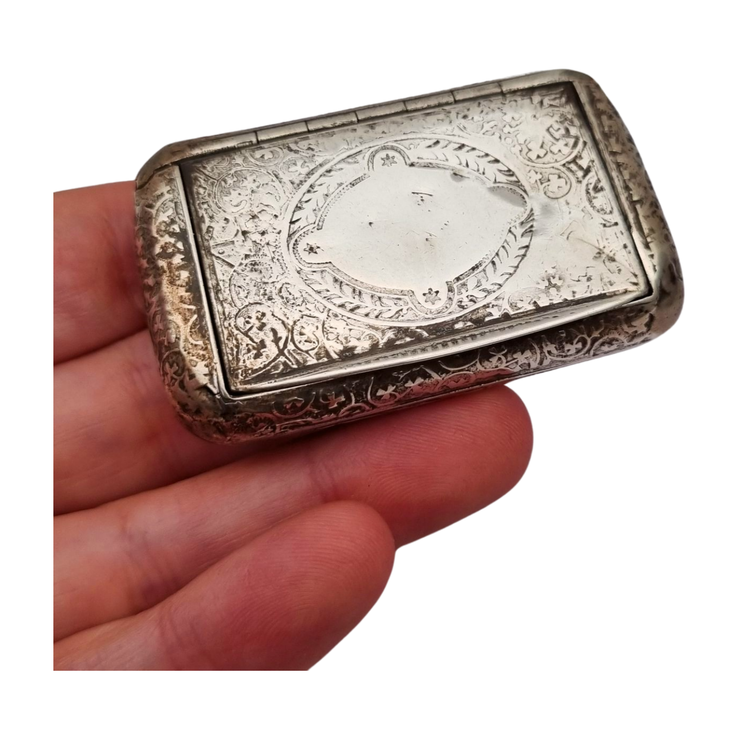 Caja de rapé antigua de plata francesa con decoración grabada, circa 1900