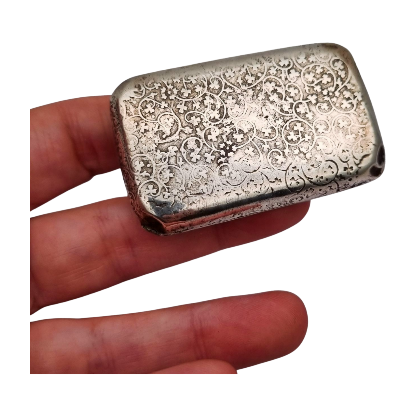 Caja de rapé antigua de plata francesa con decoración grabada, circa 1900