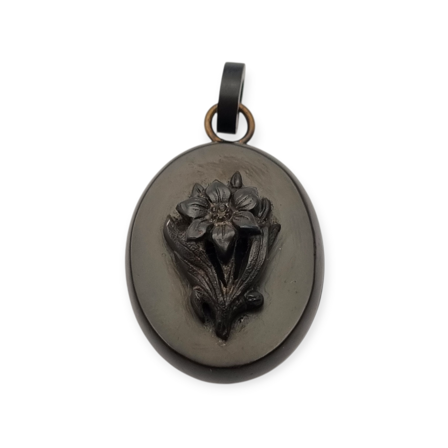 Antique Victorian vulcanite floral locket, circa 1880-1900, mourning jewelry