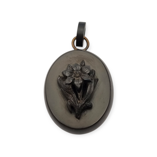 Antique Victorian vulcanite floral locket, circa 1880-1900, mourning jewelry