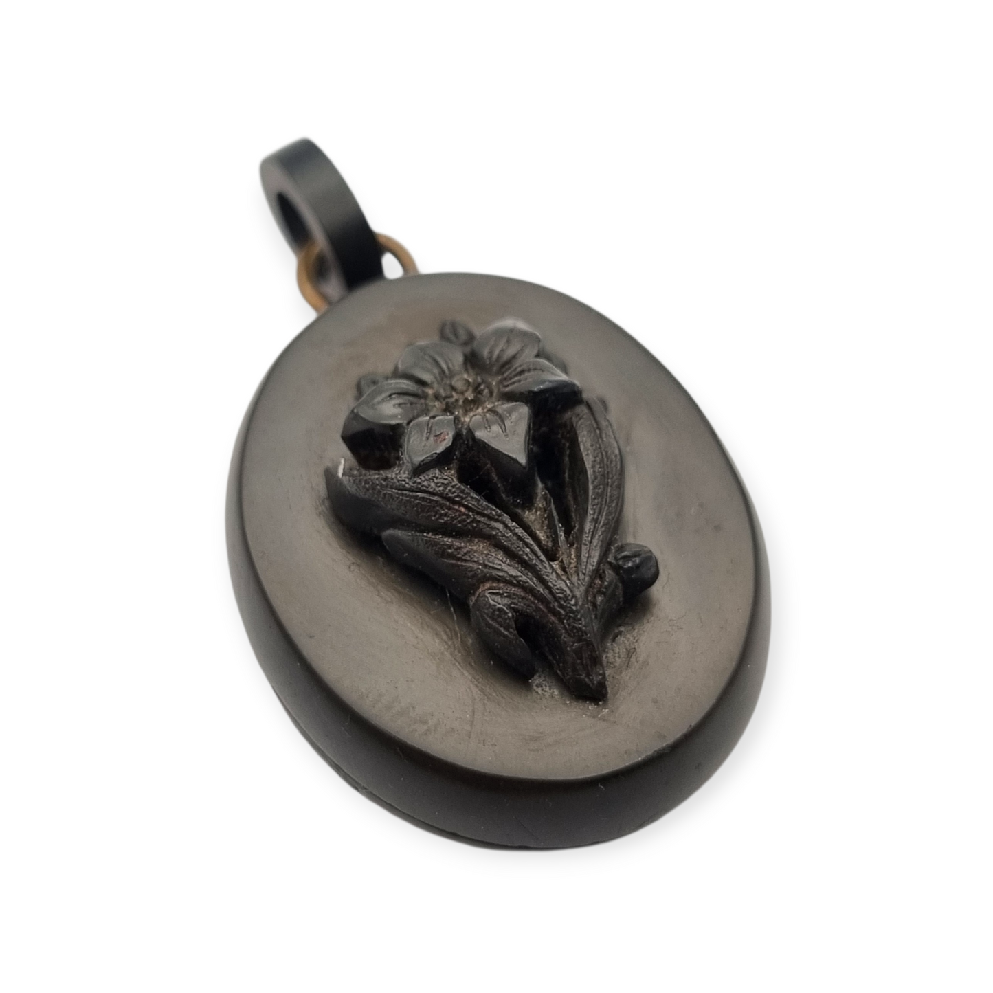 Antique Victorian vulcanite floral locket, circa 1880-1900, mourning jewelry