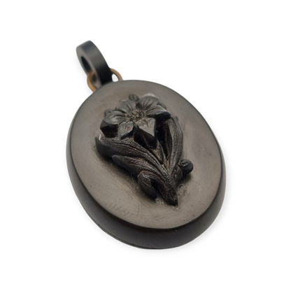 Antique Victorian vulcanite floral locket, circa 1880-1900, mourning jewelry