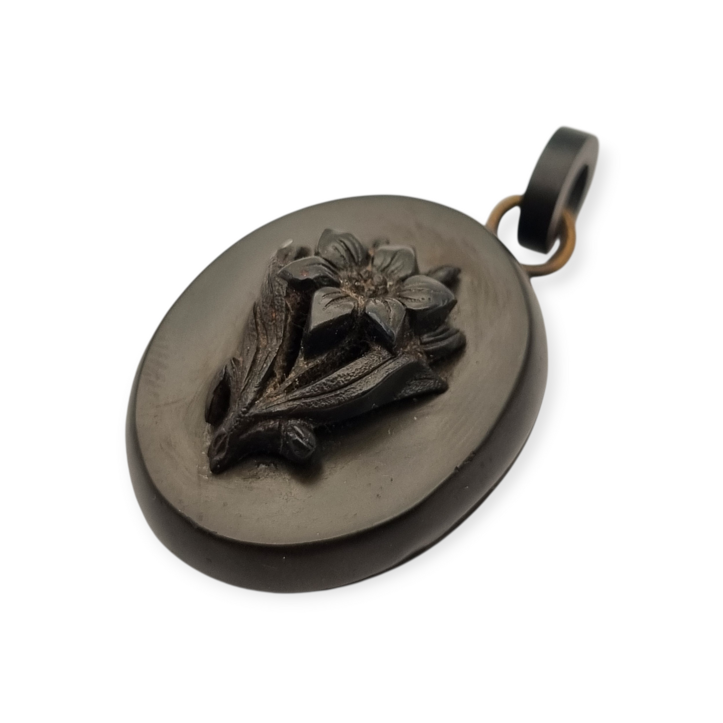 Antique Victorian vulcanite floral locket, circa 1880-1900, mourning jewelry