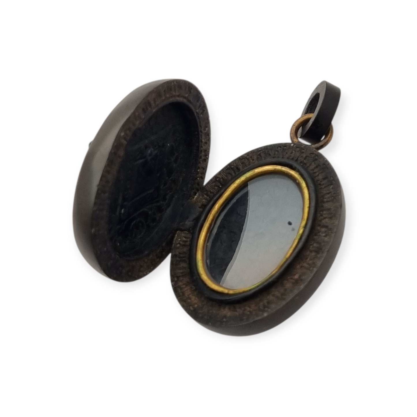 Antique Victorian vulcanite floral locket, circa 1880-1900, mourning jewelry