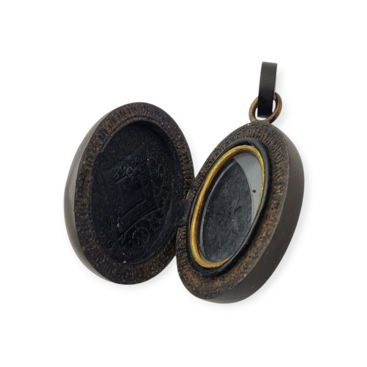 Antique Victorian vulcanite floral locket, circa 1880-1900, mourning jewelry