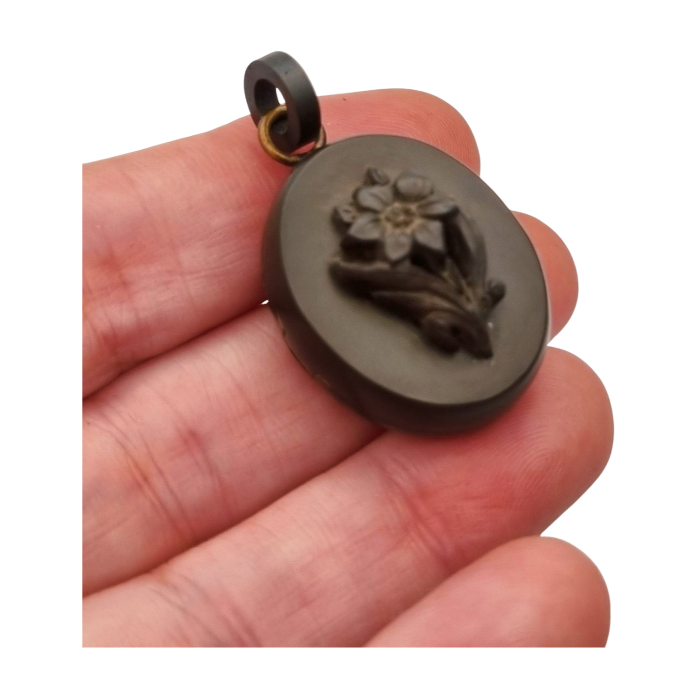 Antique Victorian vulcanite floral locket, circa 1880-1900, mourning jewelry