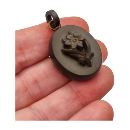 Antique Victorian vulcanite floral locket, circa 1880-1900, mourning jewelry