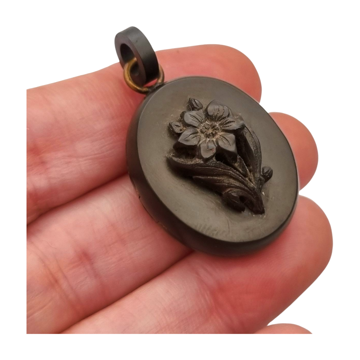 Antique Victorian vulcanite floral locket, circa 1880-1900, mourning jewelry