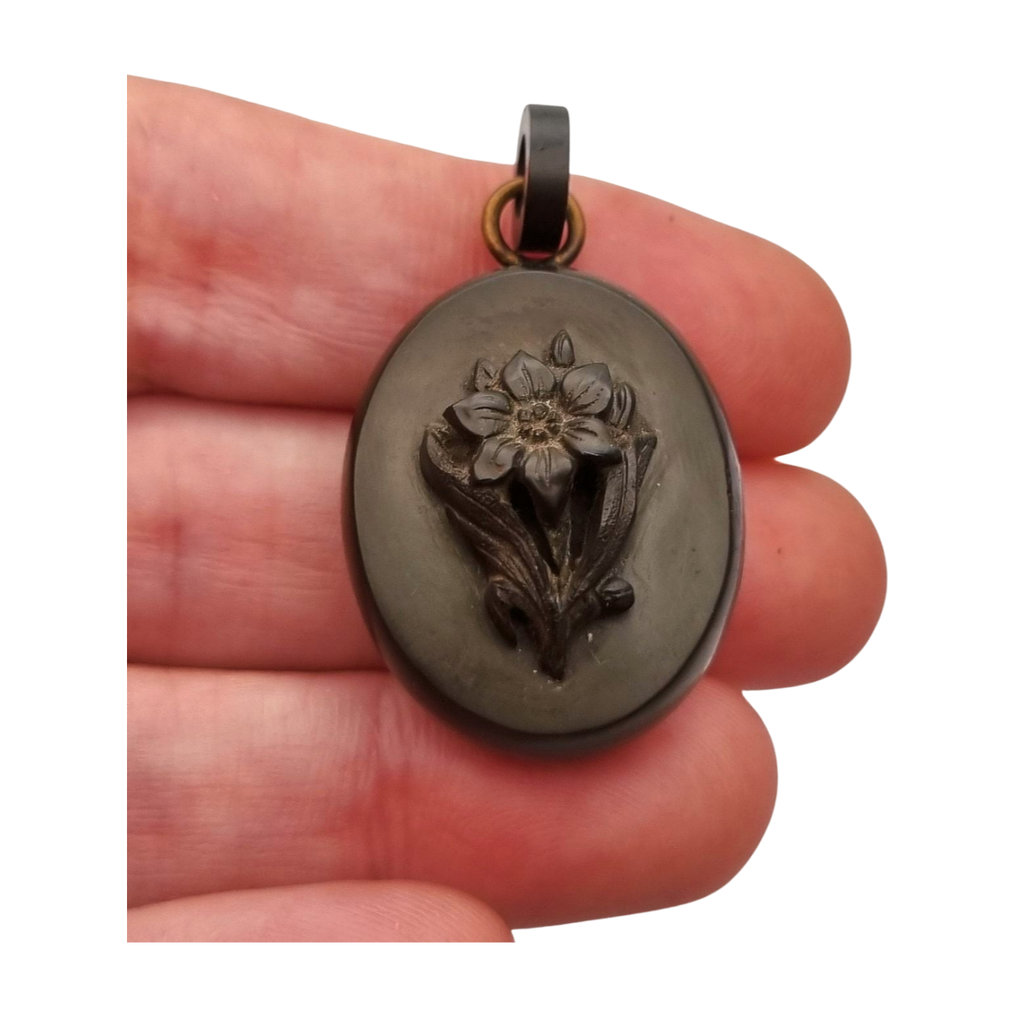 Antique Victorian vulcanite floral locket, circa 1880-1900, mourning jewelry