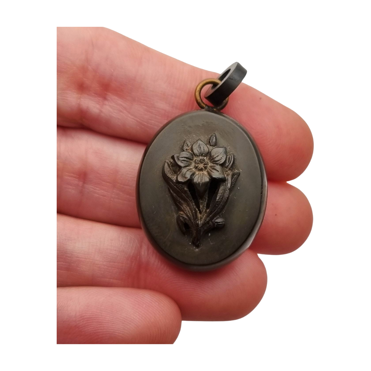 Antique Victorian vulcanite floral locket, circa 1880-1900, mourning jewelry