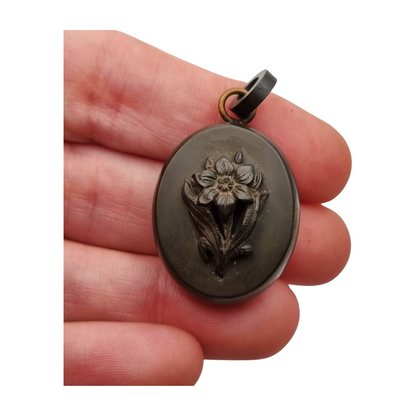 Antique Victorian vulcanite floral locket, circa 1880-1900, mourning jewelry