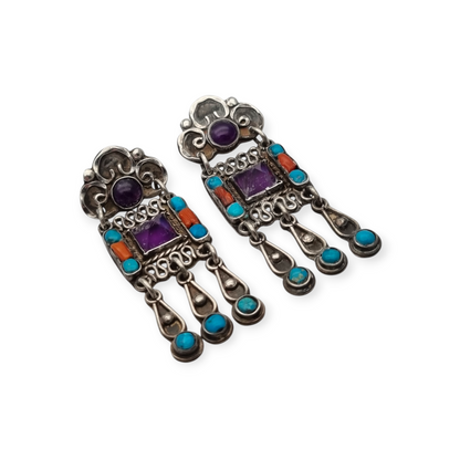 Sterling silver earrings, Morales Mexico, Matilde Poulat school with amethyst, turquoise, and coral