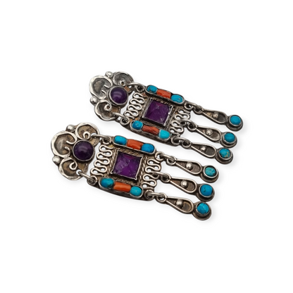 Sterling silver earrings, Morales Mexico, Matilde Poulat school with amethyst, turquoise, and coral