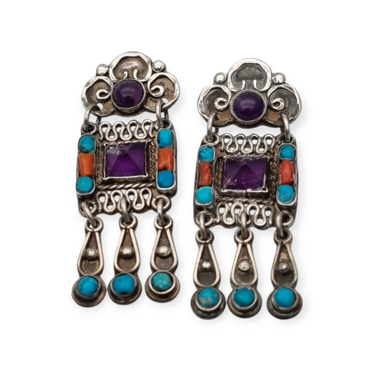 Sterling silver earrings, Morales Mexico, Matilde Poulat school with amethyst, turquoise, and coral