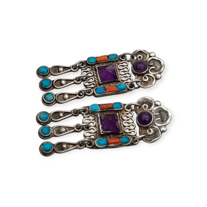 Sterling silver earrings, Morales Mexico, Matilde Poulat school with amethyst, turquoise, and coral