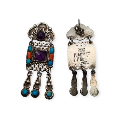 Sterling silver earrings, Morales Mexico, Matilde Poulat school with amethyst, turquoise, and coral