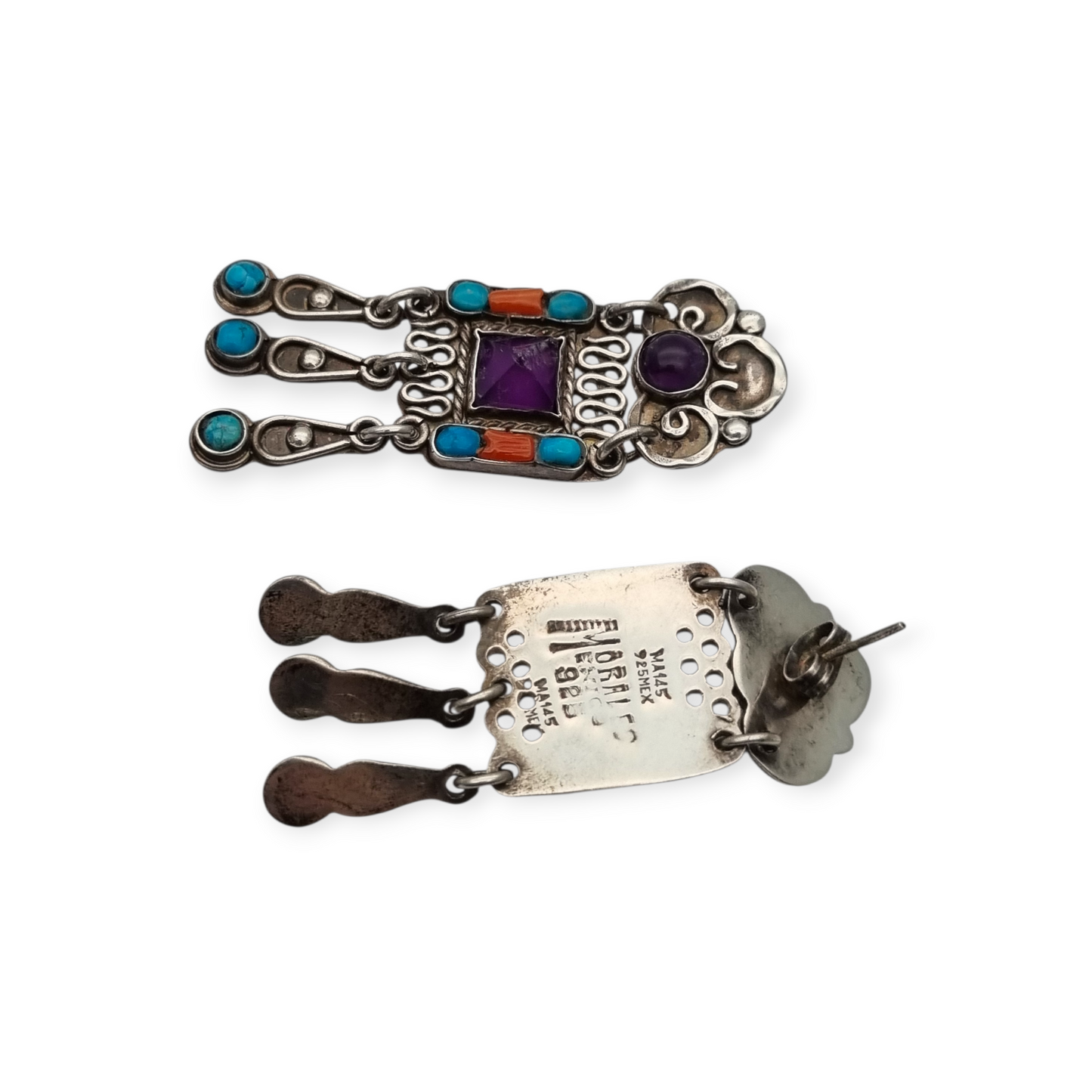 Sterling silver earrings, Morales Mexico, Matilde Poulat school with amethyst, turquoise, and coral
