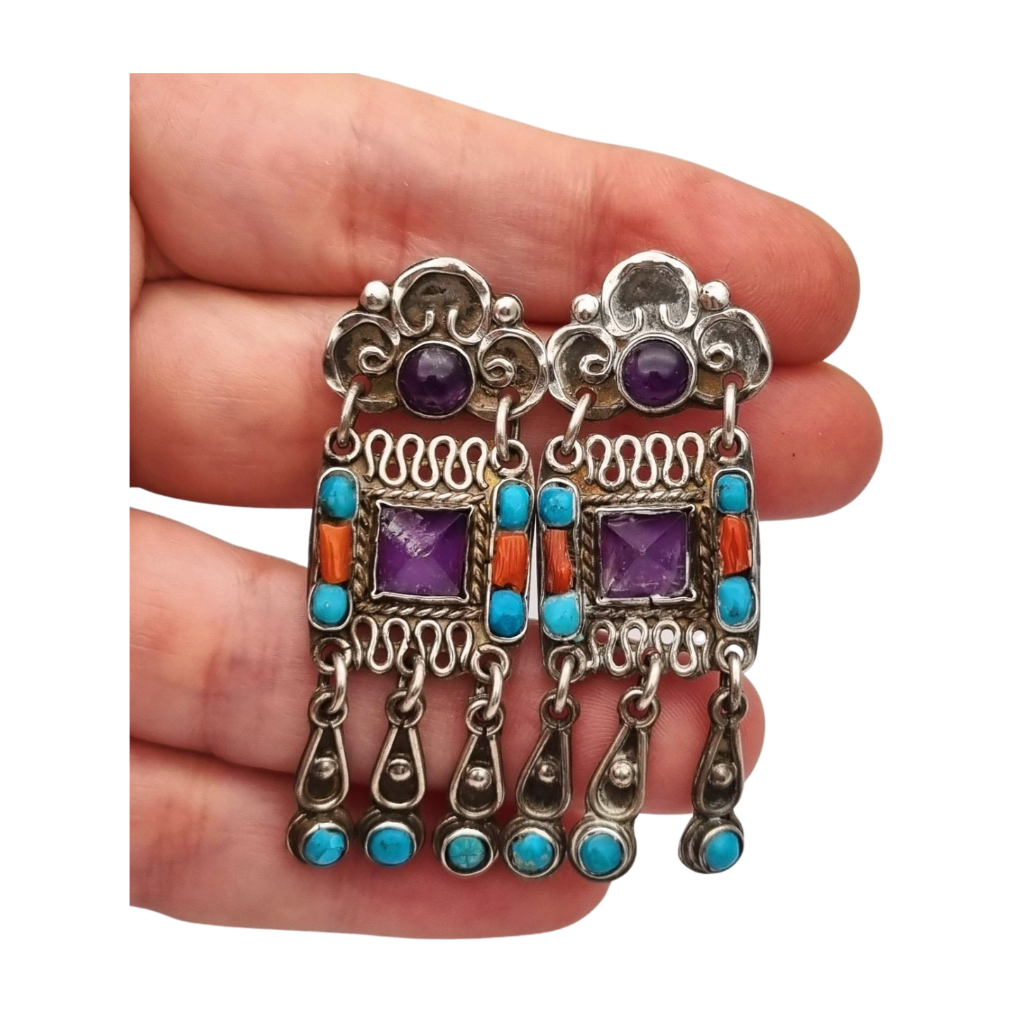 Sterling silver earrings, Morales Mexico, Matilde Poulat school with amethyst, turquoise, and coral