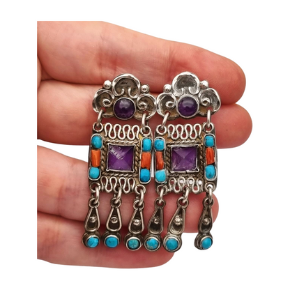 Sterling silver earrings, Morales Mexico, Matilde Poulat school with amethyst, turquoise, and coral