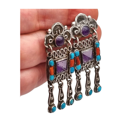 Sterling silver earrings, Morales Mexico, Matilde Poulat school with amethyst, turquoise, and coral