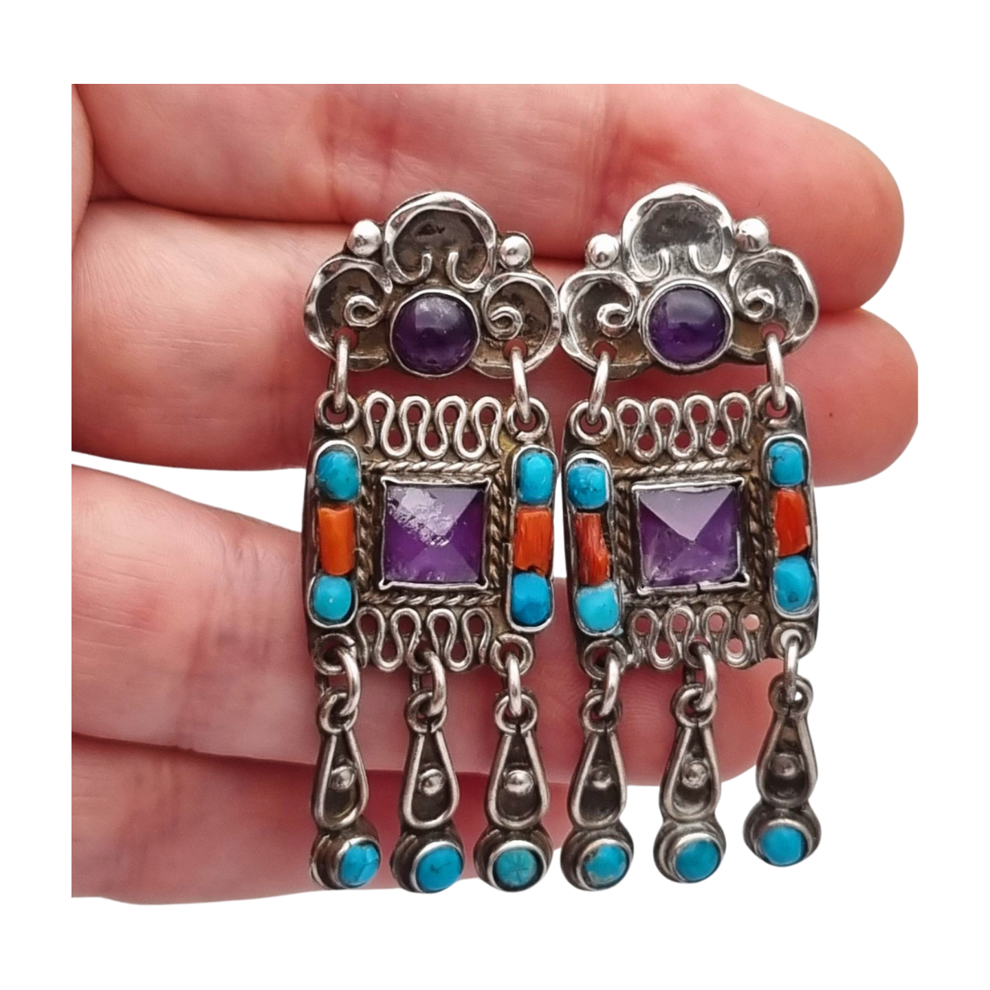Sterling silver earrings, Morales Mexico, Matilde Poulat school with amethyst, turquoise, and coral