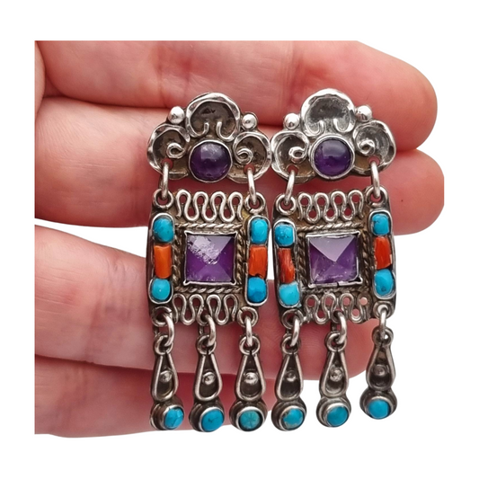 Sterling silver earrings, Morales Mexico, Matilde Poulat school with amethyst, turquoise, and coral