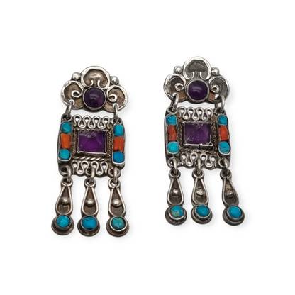 Sterling silver earrings, Morales Mexico, Matilde Poulat school with amethyst, turquoise, and coral