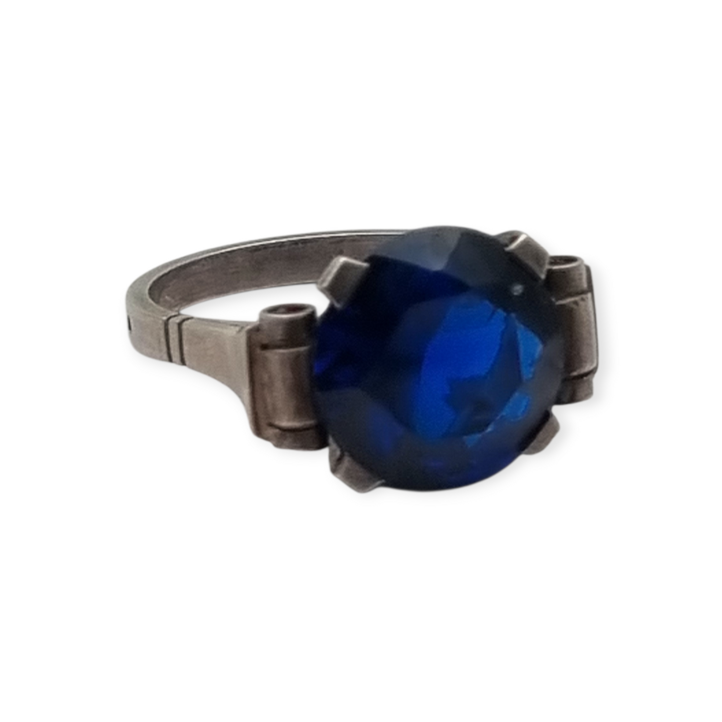 French Art Deco silver ring with faceted blue glass, circa 1940-50