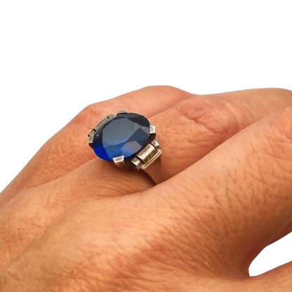 French Art Deco silver ring with faceted blue glass, circa 1940-50