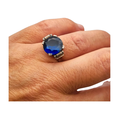 French Art Deco silver ring with faceted blue glass, circa 1940-50