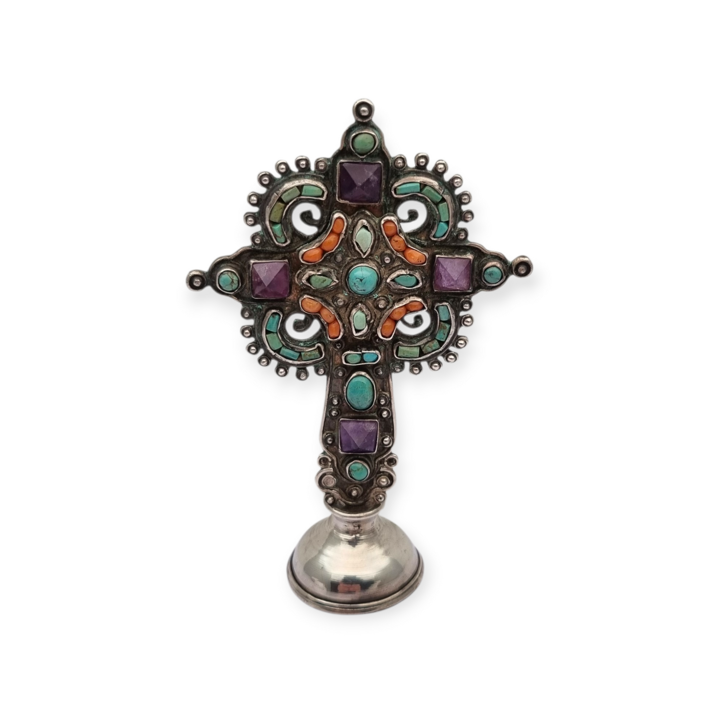 Standing silver cross MATL Salas, Matilde Poulat Mexico, with turquoise, amethyst, and coral, circa 1960.