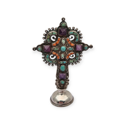 Standing silver cross MATL Salas, Matilde Poulat Mexico, with turquoise, amethyst, and coral, circa 1960.