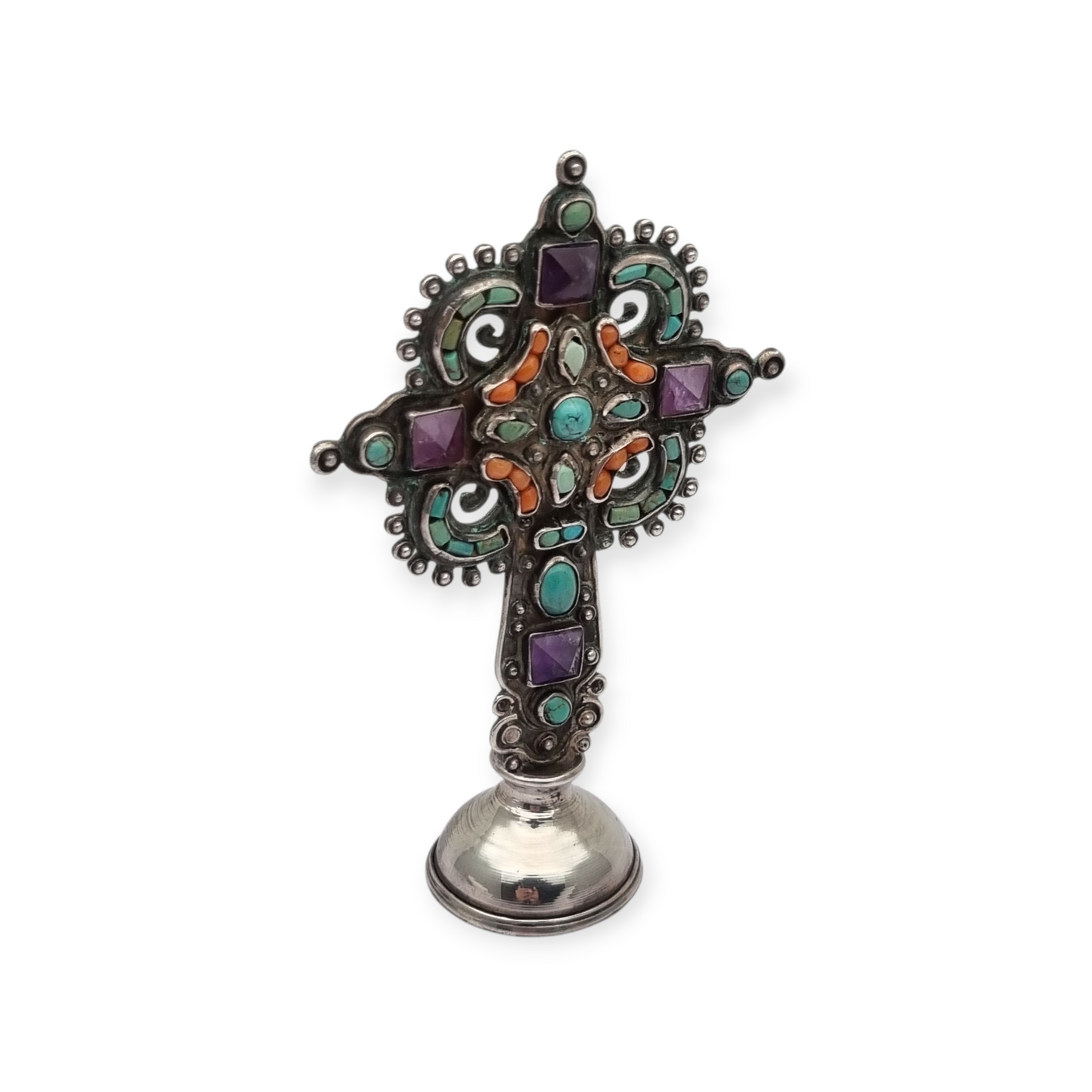Standing silver cross MATL Salas, Matilde Poulat Mexico, with turquoise, amethyst, and coral, circa 1960.