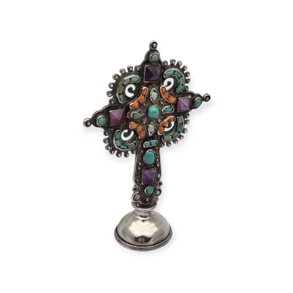 Standing silver cross MATL Salas, Matilde Poulat Mexico, with turquoise, amethyst, and coral, circa 1960.