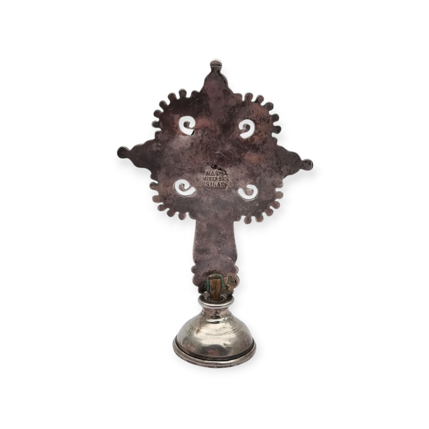 Standing silver cross MATL Salas, Matilde Poulat Mexico, with turquoise, amethyst, and coral, circa 1960.