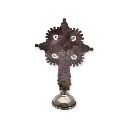 Standing silver cross MATL Salas, Matilde Poulat Mexico, with turquoise, amethyst, and coral, circa 1960.
