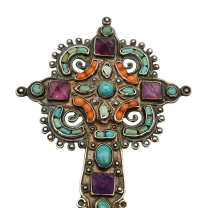 Standing silver cross MATL Salas, Matilde Poulat Mexico, with turquoise, amethyst, and coral, circa 1960.