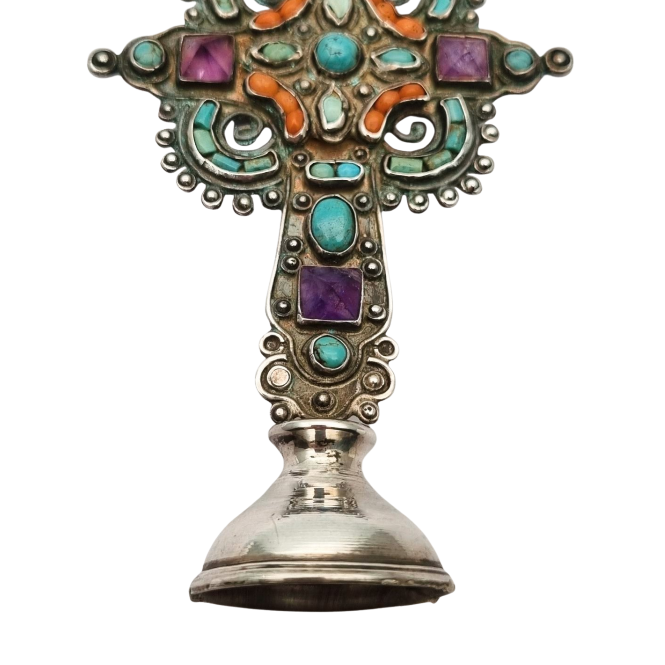 Standing silver cross MATL Salas, Matilde Poulat Mexico, with turquoise, amethyst, and coral, circa 1960.