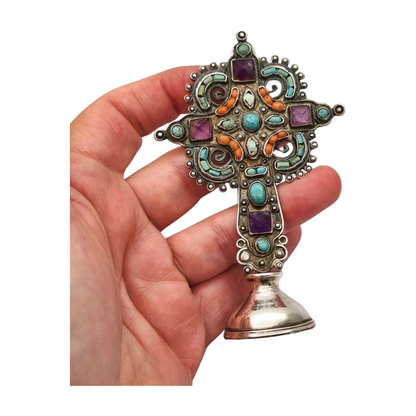 Standing silver cross MATL Salas, Matilde Poulat Mexico, with turquoise, amethyst, and coral, circa 1960.