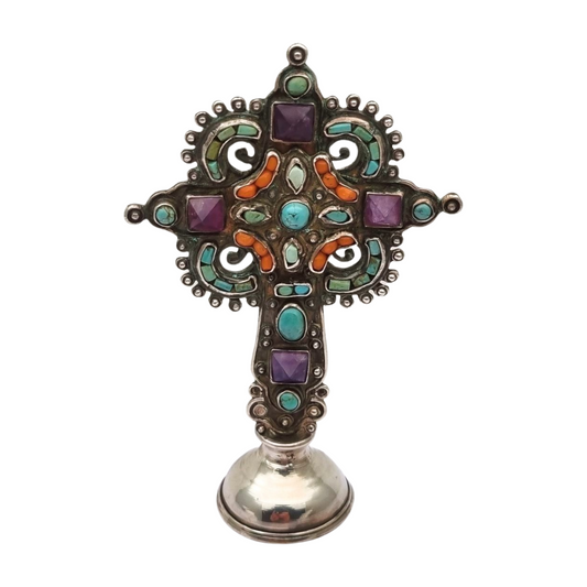 Standing silver cross MATL Salas, Matilde Poulat Mexico, with turquoise, amethyst, and coral, circa 1960.