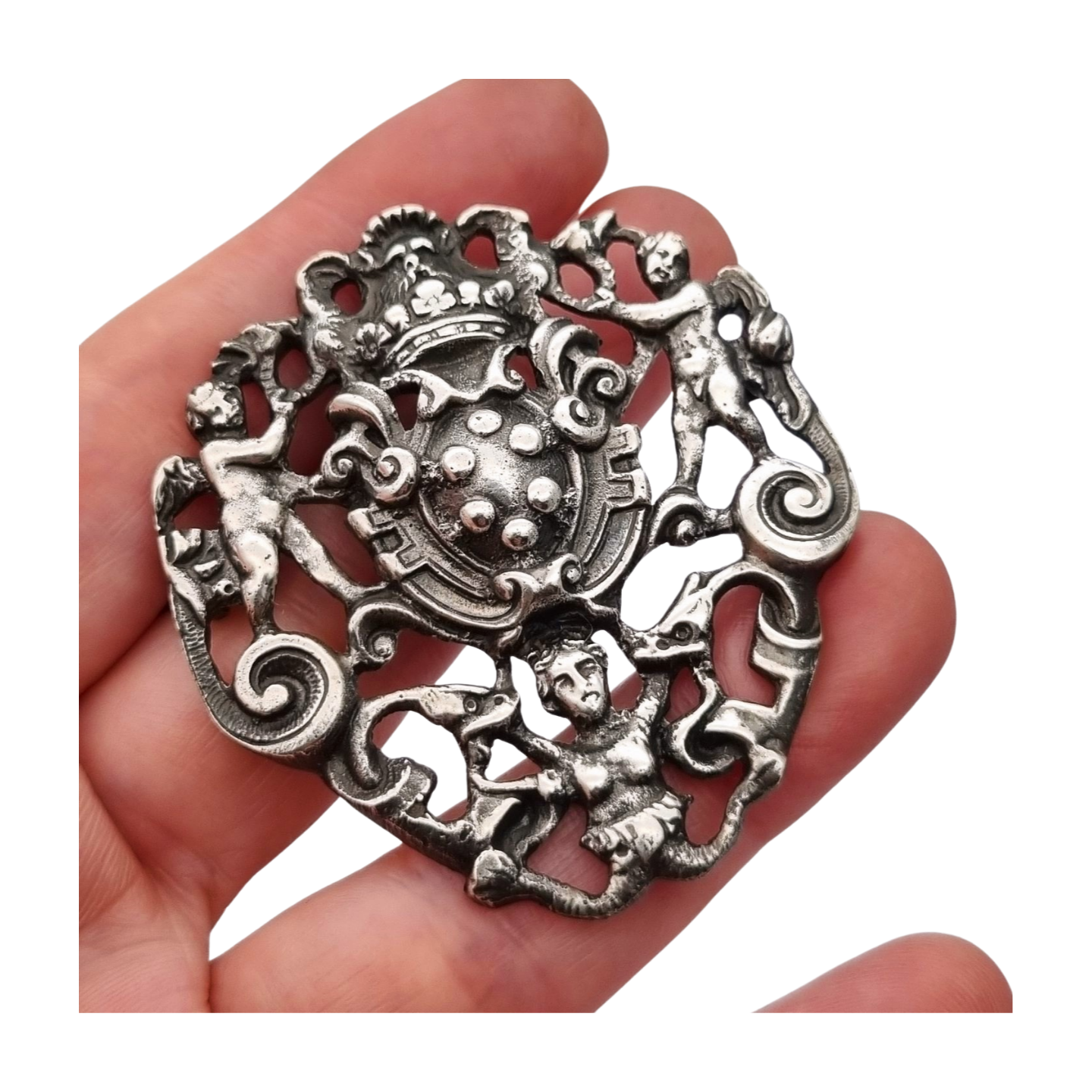 Neo-Renaissance silver brooch, heraldic shield with cherubs Italy 20th century