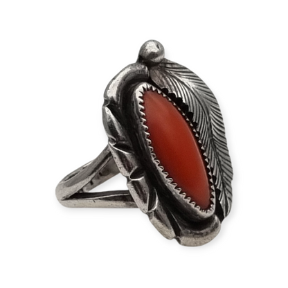Navajo silver red coral leaf ring signed GM, Gerald Mitchell, Boho jewelry, circa 1970-80